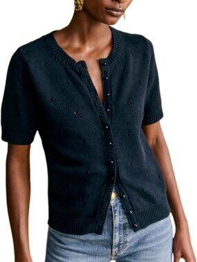 Navy Medium Casual Short Sleeve Button Down Cardigan Sweater - Crochet Knit Top